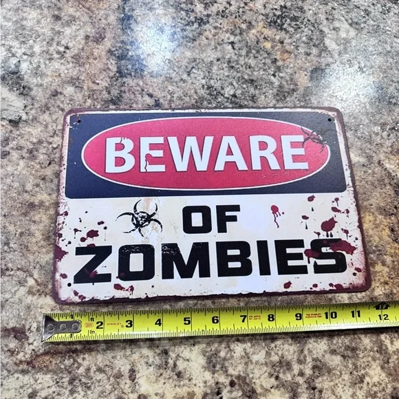 Beware of Zombies Metal Wall Sign - Red and White - Picture 2 of 3